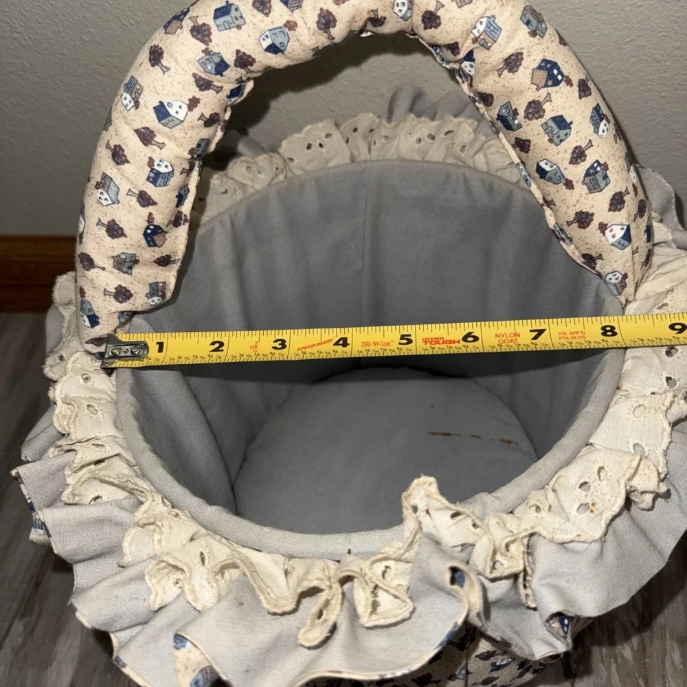 Vintage Quilted Cloth Basket Bucket handmade Birdhouse Fabric 8X7 Stains READ